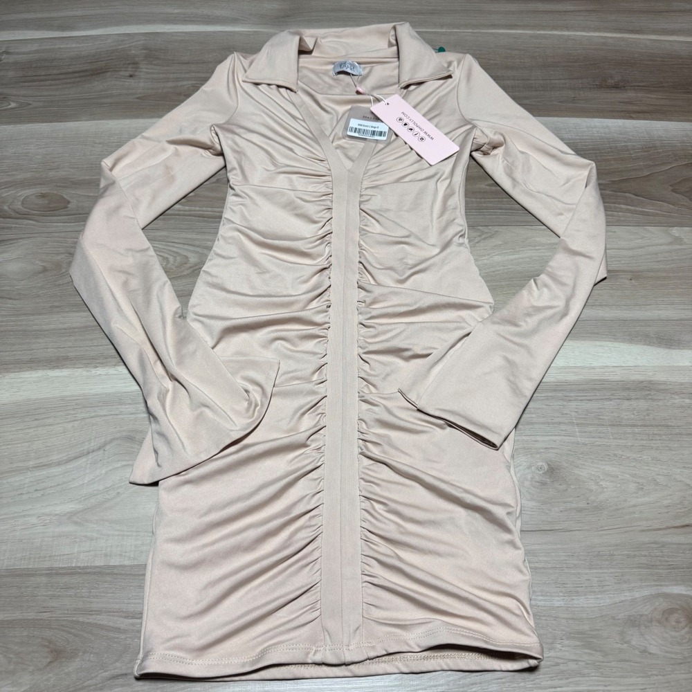 Oh‎ Polly Ruched Mini Dress Womens US 4 Beige Long Sleeve Bodycon Party Clubwear